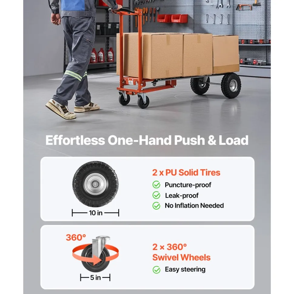 VEVOR 4 in 1 Hand Truck, 1000 lbs Load Capacity for 4-Wheel Mode, Convertible Hand Truck Dolly with Non-Slip Handle & Wheels, Aluminum Alloy Portable Dolly for Moving Home, Office, Warehouse
