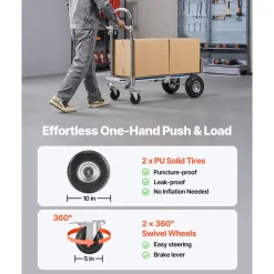 VEVOR 2 in 1 Hand Truck, 1000 lbs Load Capacity for 4-Wheel Mode, Convertible Hand Truck Dolly with Non-Slip Handle & Wheels, Portable Dolly for Moving Home, Office, Warehouse, Supermarket