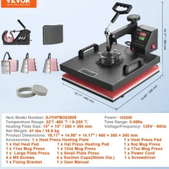 VEVOR 8 in 1 Heat Press Machine 15x15 Inch T-Shirt Pressing Machine 360° Swing Away Professional Sublimation Heat Press for Sublimation, Vinyl, Heat Transfer Projects
