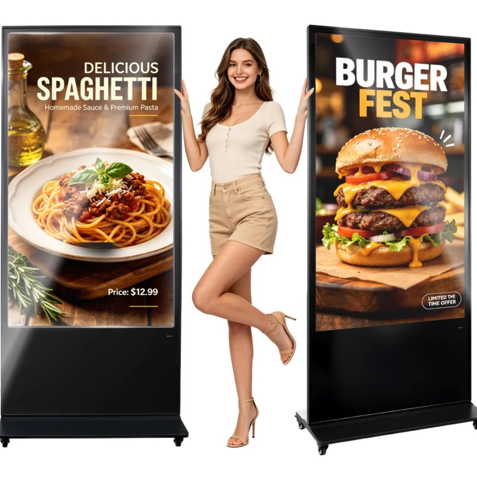 VEVOR 65 in Indoor Digital Signage 4K Floor Stand Advertising Display Kiosk, WiFi HDMI/USB Input Android OS, 178° Wide View, LCD Touchscreen Interactive Monitor, Mobile Commercial Totem Poster