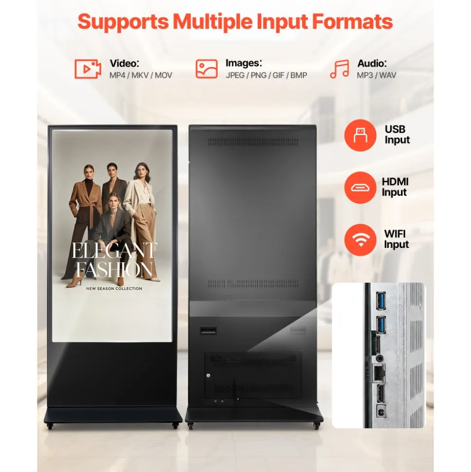 VEVOR 65 in Indoor Digital Signage 4K Floor Stand Advertising Display Kiosk, WiFi HDMI/USB Input Android OS, 178° Wide View, LCD Touchscreen Interactive Monitor, Mobile Commercial Totem Poster