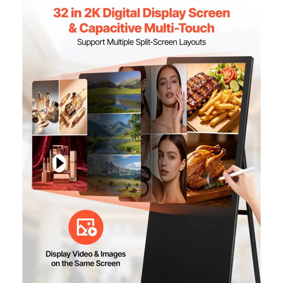 VEVOR 32 in Indoor Digital Signage Floor Standing Advertising Display Kiosk, WiFi HDMI/USB Input Android OS, 178° Wide View, LCD Touchscreen Interactive Monitor, Commercial Totem Vertical Poster