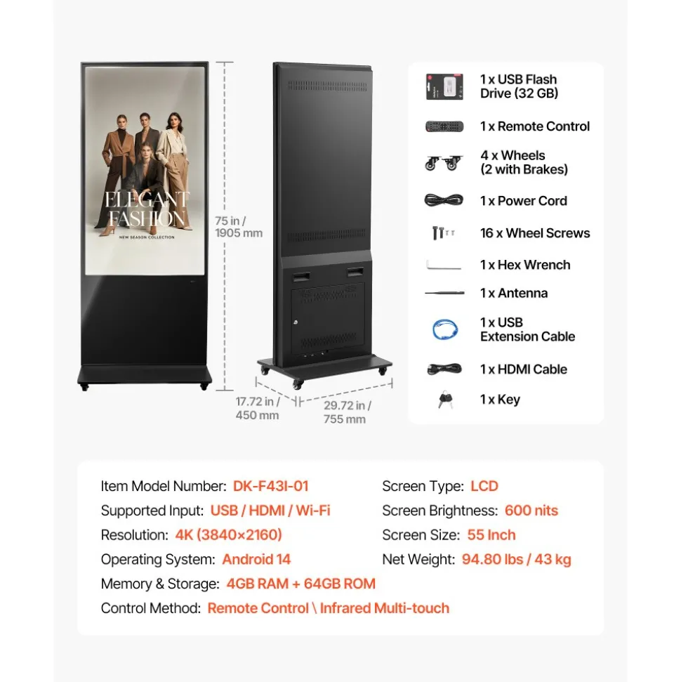 VEVOR 55 in Indoor Digital Signage 4K Floor Stand Advertising Display Kiosk, WiFi HDMI/USB Input Android OS, 178° Wide View, LCD Touchscreen Interactive Monitor, Mobile Commercial Totem Poster