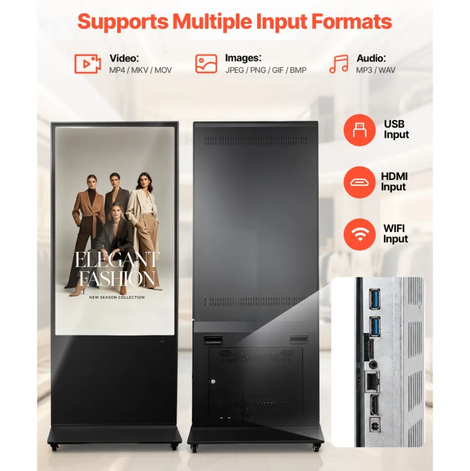 VEVOR 55 in Indoor Digital Signage 4K Floor Stand Advertising Display Kiosk, WiFi HDMI/USB Input Android OS, 178° Wide View, LCD Touchscreen Interactive Monitor, Mobile Commercial Totem Poster