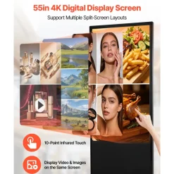 VEVOR 55 in Indoor Digital Signage 4K Floor Stand Advertising Display Kiosk, WiFi HDMI/USB Input Android OS, 178° Wide View, LCD Touchscreen Interactive Monitor, Mobile Commercial Totem Poster