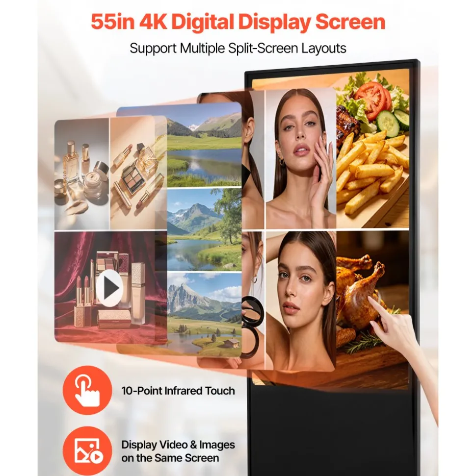 VEVOR 55 in Indoor Digital Signage 4K Floor Stand Advertising Display Kiosk, WiFi HDMI/USB Input Android OS, 178° Wide View, LCD Touchscreen Interactive Monitor, Mobile Commercial Totem Poster