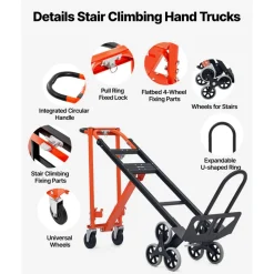 VEVOR 3 in 1 Industrial Convertible Stair Climbing Cart, 770 lbs Max Load, Folding Hand Truck Dolly with Handle & Wheels, Stair Climbing Utility Trolley for Transport & Moving, Orange & Silver