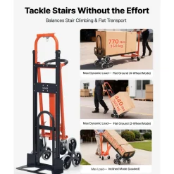 VEVOR 3 in 1 Industrial Convertible Stair Climbing Cart, 770 lbs Max Load, Folding Hand Truck Dolly with Handle & Wheels, Stair Climbing Utility Trolley for Transport & Moving, Orange & Silver