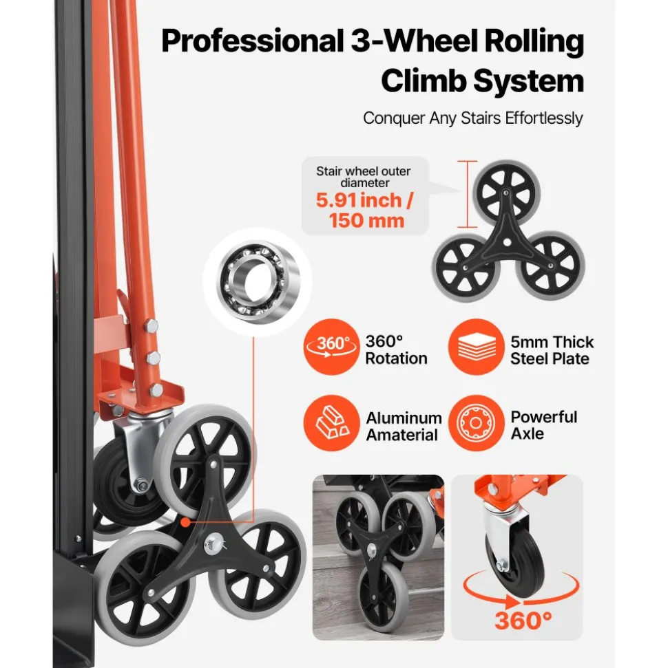 VEVOR 3 in 1 Industrial Convertible Stair Climbing Cart, 770 lbs Max Load, Folding Hand Truck Dolly with Handle & Wheels, Stair Climbing Utility Trolley for Transport & Moving, Orange & Silver