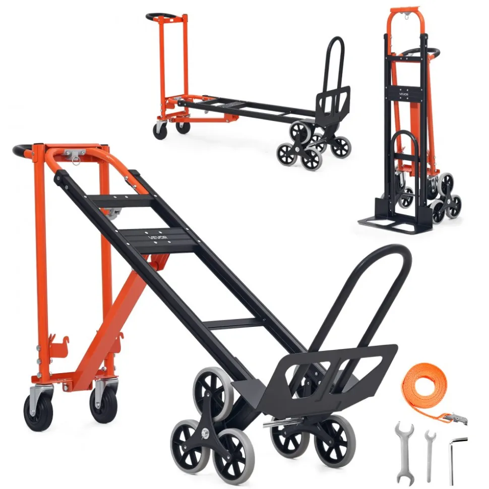 VEVOR 3 in 1 Industrial Convertible Stair Climbing Cart, 770 lbs Max Load, Folding Hand Truck Dolly with Handle & Wheels, Stair Climbing Utility Trolley for Transport & Moving, Orange & Silver