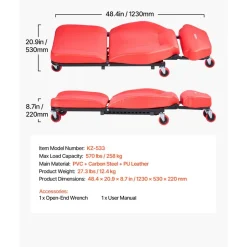 VEVOR 48.4 in 2-in-1 Mechanic Creeper, Adjustable Backrest Garage Creeper Seat, 570 lbs Under Car Rolling Chair with 6 Swivel Casters, Padded Headrest for Auto Repair