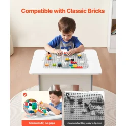 VEVOR 4 in 1 Kid Activity Table and 2 Chairs Set, Graffiti & Building Blocks Double-Sided Tabletop, Toddler Play Table with Storage for Kids 3+ Years, Large Storage Space, Gift for Boys & Girls, White