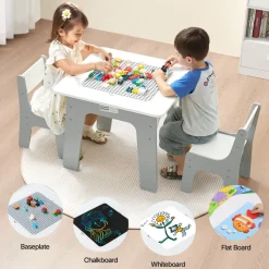 VEVOR 4 in 1 Kid Activity Table and 2 Chairs Set, Graffiti & Building Blocks Double-Sided Tabletop, Toddler Play Table with Storage for Kids 3+ Years, Large Storage Space, Gift for Boys & Girls, White