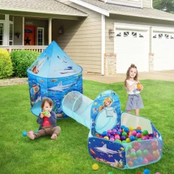 VEVOR 3 in 1 Kids Play Tent with Tunnel, Basketball Hoop for Boys, Girls, Babies and Toddlers, Indoor/Outdoor Pop Up Playhouse with Carrying Bag & Banding Straps Birthday Gifts, Blue Ocean
