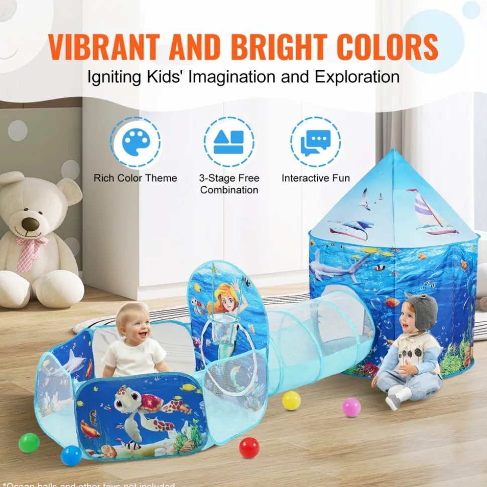 VEVOR 3 in 1 Kids Play Tent with Tunnel, Basketball Hoop for Boys, Girls, Babies and Toddlers, Indoor/Outdoor Pop Up Playhouse with Carrying Bag & Banding Straps Birthday Gifts, Blue Ocean