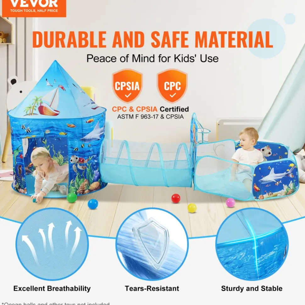 VEVOR 3 in 1 Kids Play Tent with Tunnel, Basketball Hoop for Boys, Girls, Babies and Toddlers, Indoor/Outdoor Pop Up Playhouse with Carrying Bag & Banding Straps Birthday Gifts, Blue Ocean