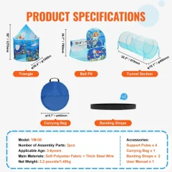 VEVOR 3 in 1 Kids Play Tent with Tunnel, Basketball Hoop for Boys, Girls, Babies and Toddlers, Indoor/Outdoor Pop Up Playhouse with Carrying Bag & Banding Straps Birthday Gifts, Blue Ocean