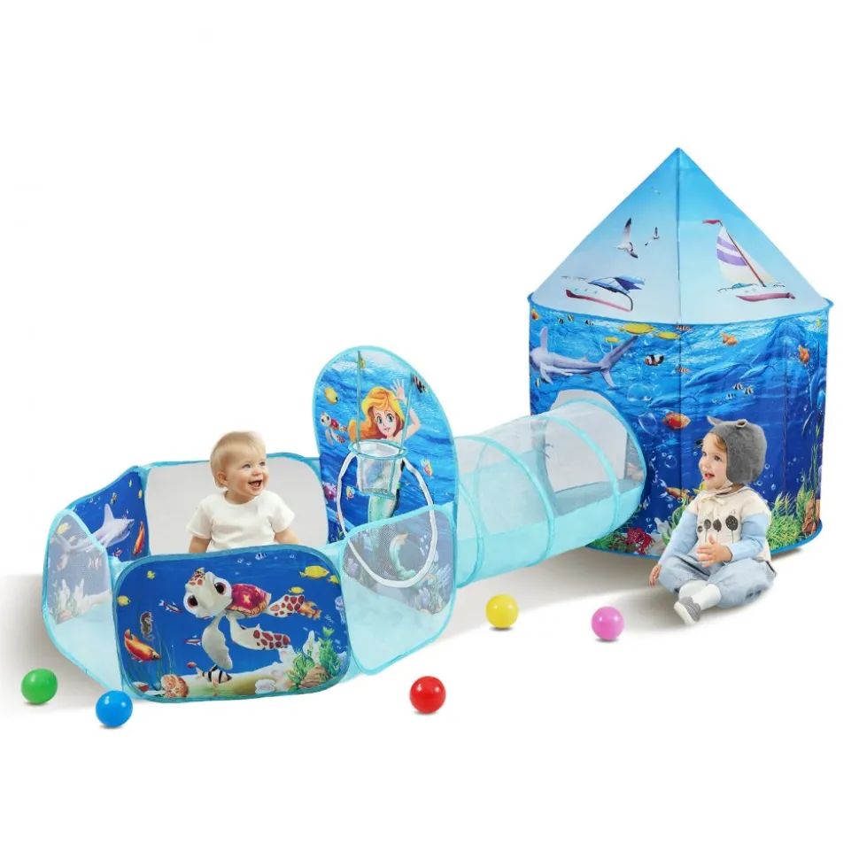 VEVOR 3 in 1 Kids Play Tent with Tunnel, Basketball Hoop for Boys, Girls, Babies and Toddlers, Indoor/Outdoor Pop Up Playhouse with Carrying Bag & Banding Straps Birthday Gifts, Blue Ocean