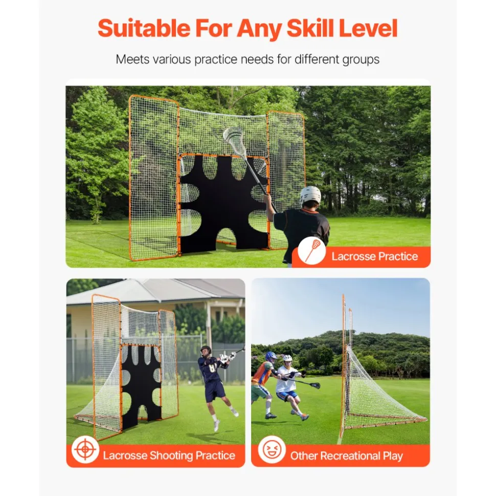 VEVOR 3-IN-1 Lacrosse Goal, 12x9 ft Lacrosse Net with Backstop and Target, Quick & Easy Setup Backyard Rebounder Equipment, Steel Frame Training Nets, Suitable for Youth Adult Training, Orange