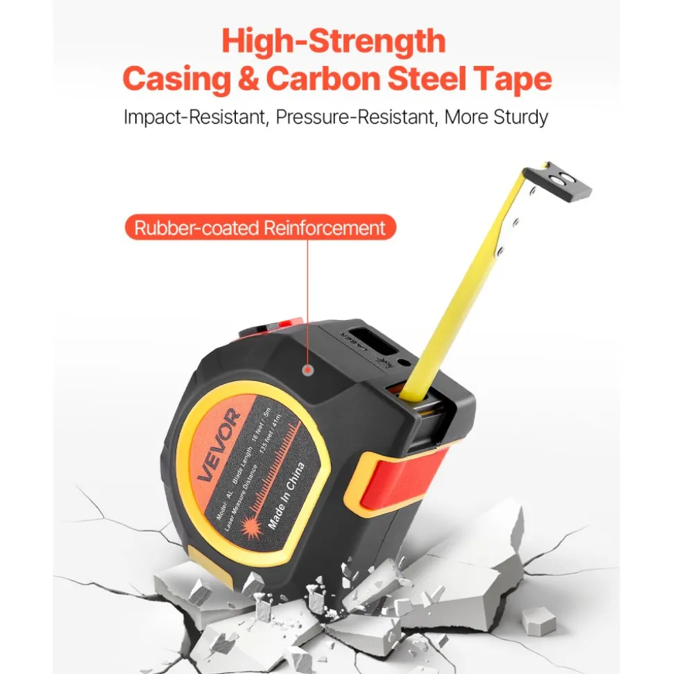 VEVOR 2-in-1 Laser Tape Measure, 135Ft Rechargeable Laser Measurement Tool & 16Ft Measuring Tape with Magnetic, 4 Modes-Length, Area, Volume, Continuous,ft/in/m/ft+in Unit,for Outdoor,Decoration