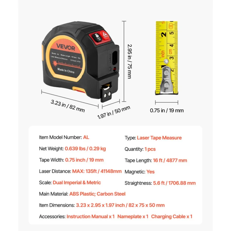 VEVOR 2-in-1 Laser Tape Measure, 135Ft Rechargeable Laser Measurement Tool & 16Ft Measuring Tape with Magnetic, 4 Modes-Length, Area, Volume, Continuous,ft/in/m/ft+in Unit,for Outdoor,Decoration