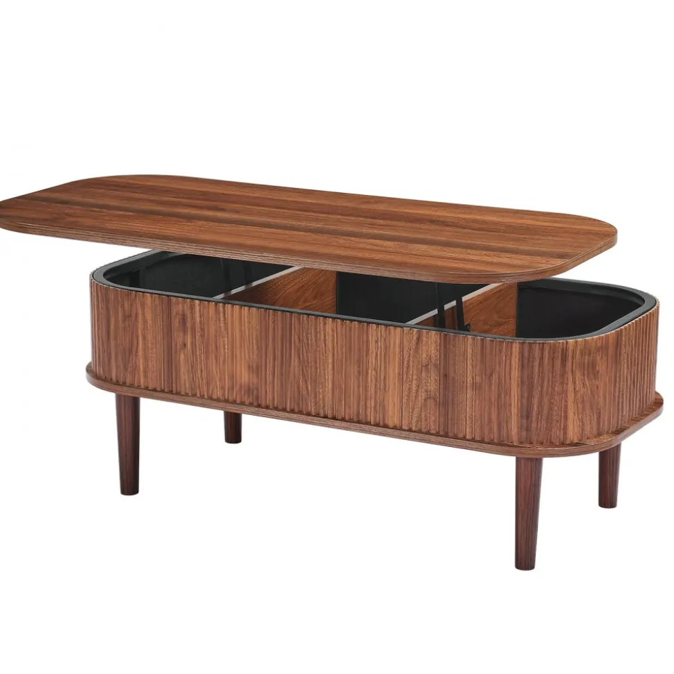 VEVOR 39.4 in Lift Top Coffee Table, Fluted Oval Coffee Table with 3 Hidden Compartment, Mid Century Wooden Oval Center Desk with Storage, Lift Up Tabletop for Home & Office, Easy Assembly, Walnut