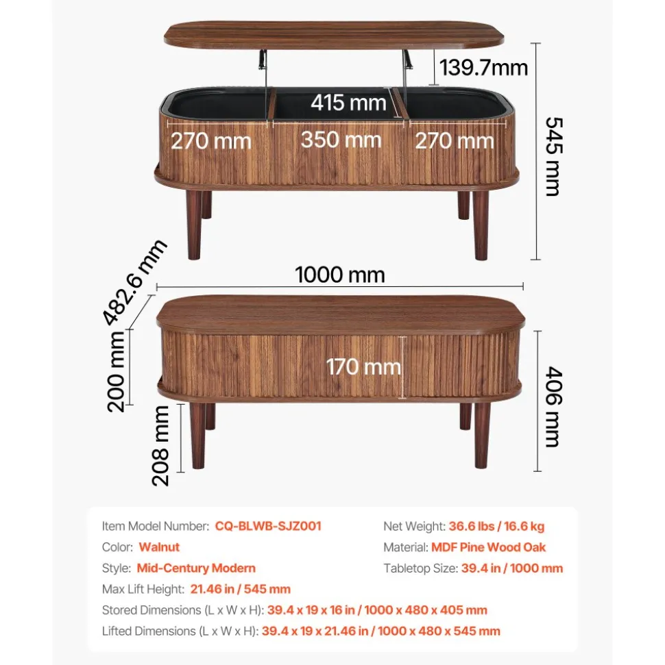 VEVOR 39.4 in Lift Top Coffee Table, Fluted Oval Coffee Table with 3 Hidden Compartment, Mid Century Wooden Oval Center Desk with Storage, Lift Up Tabletop for Home & Office, Easy Assembly, Walnut