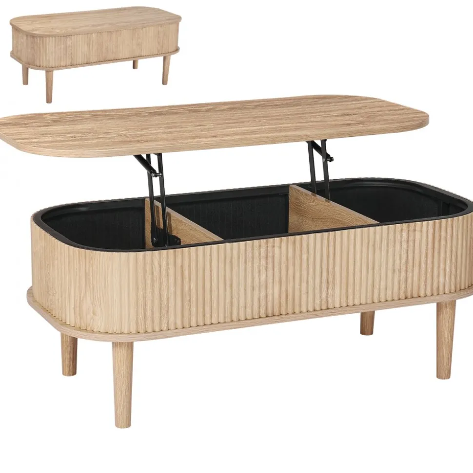 VEVOR 39.4 in Lift Top Coffee Table, Fluted Oval Coffee Table with 3 Hidden Compartment, Mid Century Wooden Oval Center Desk with Storage, Lift Up Tabletop for Home & Office, Easy Assembly, Burlywood