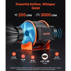 VEVOR Inline Duct Fan, 205 CFM 4 inch EC Motor Exhaust Ventilation Fan with 10-Speed, PWM Controller, App Control, Temperature Humidity Sensor, Cooling for Grow Tent, Indoor Gardening, Hydroponics