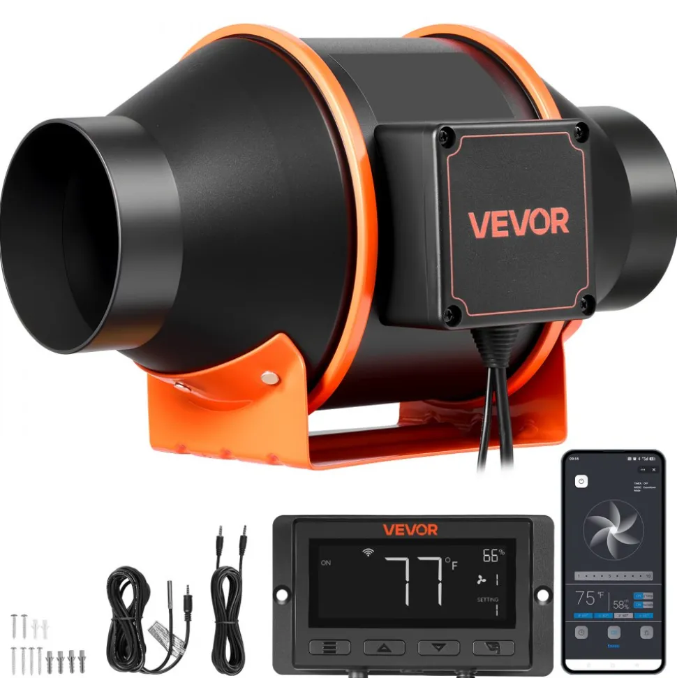 VEVOR Inline Duct Fan, 205 CFM 4 inch EC Motor Exhaust Ventilation Fan with 10-Speed, PWM Controller, App Control, Temperature Humidity Sensor, Cooling for Grow Tent, Indoor Gardening, Hydroponics