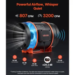 VEVOR Inline Duct Fan, 807 CFM 8 inch EC Motor Exhaust Ventilation Fan with 10-Speed, PWM Controller, App Control, Temperature Humidity Sensor, Cooling for Grow Tent, Indoor Gardening, Hydroponics