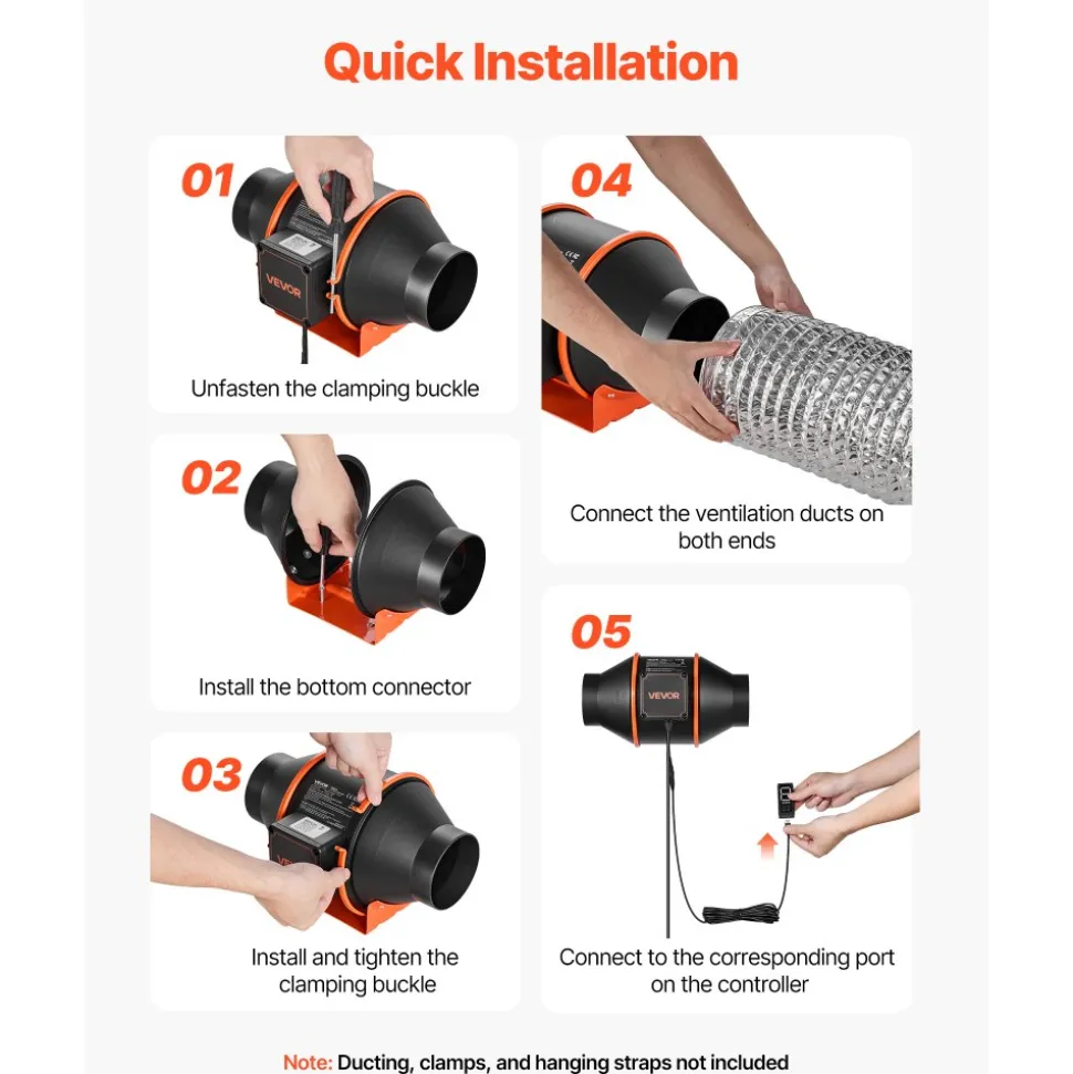 VEVOR Inline Duct Fan, 205 CFM 4 inch EC Motor Ventilation Fan with 3-Speed Circulation, 10-Speed PWM Controller, Timer-Controlled Operation, Cooling for Grow Tents, Indoor Gardening, Hydroponics