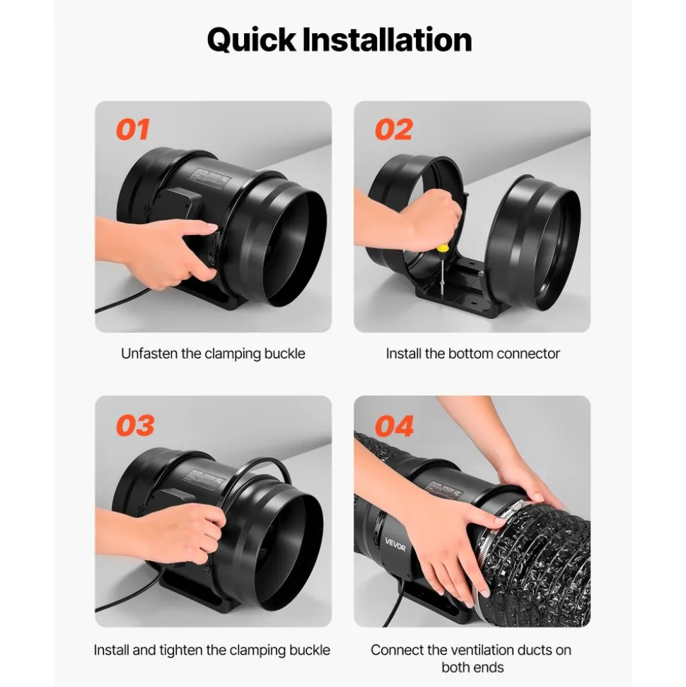VEVOR 8" Inline Duct Fan, 720 CFM Ventilation Exhaust Fan Quiet AC Motor for Heating Cooling Booster, Grow Tents, Hydroponics
