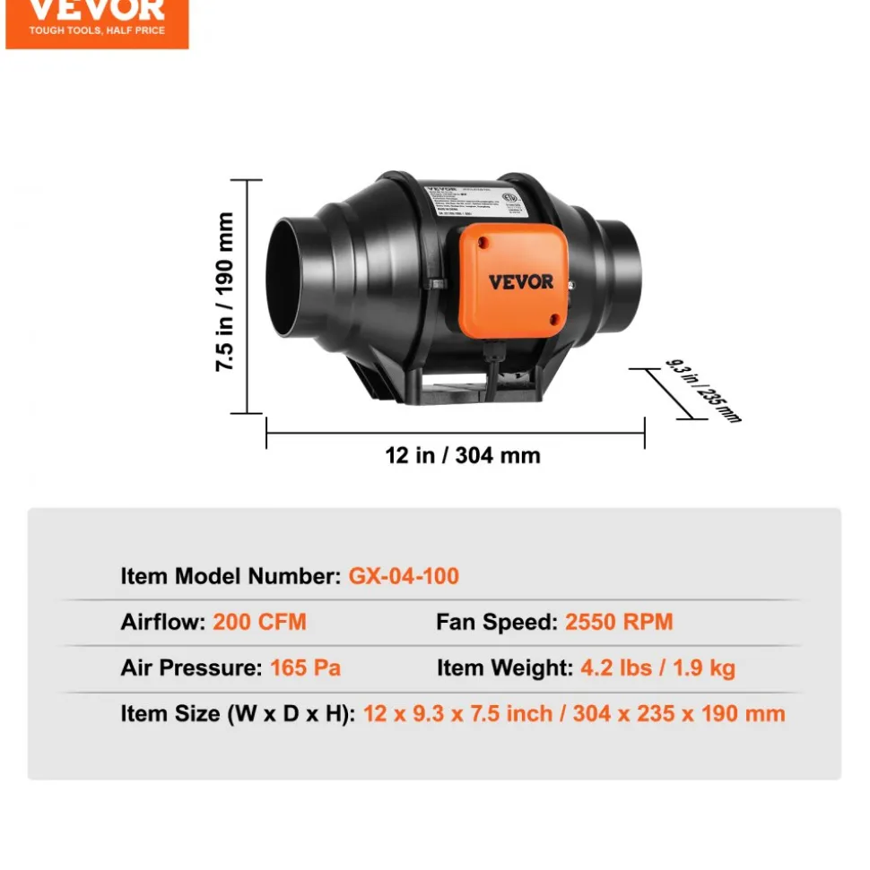 VEVOR Inline Duct Fan, 4-Inch 200 CFM with Variable Speed Controller, Quiet AC-motor Ventilation Exhaust Fan for Cooling Booster, Grow Tents, Hydroponics