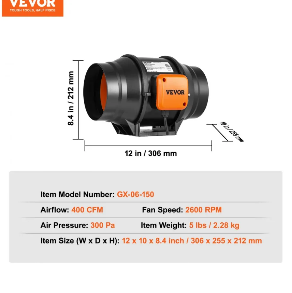 VEVOR Inline Duct Fan, 8-Inch 807 CFM with Temperature Humidity Controller, Quiet EC-motor Ventilation Exhaust Fan for Cooling Booster, Grow Tents, Hydroponics