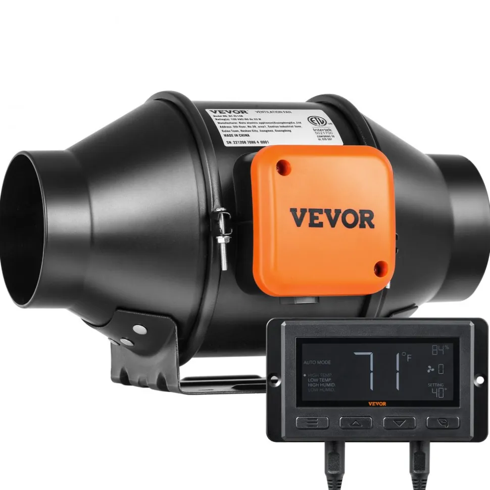VEVOR Inline Duct Fan, 4-Inch 205 CFM Quiet EC-motor Ventilation Exhaust Fan, with Temperature Humidity Controller for Cooling Booster, Grow Tents, Hydroponics