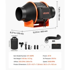 VEVOR Inline Duct Fan Kit Carbon Filter, 205 CFM 4 inch EC Motor Exhaust Ventilation Fan with 10-Speed, PWM Controller, App Control, Timer, Cooling System for Grow Tent, Indoor Gardening, Hydroponics