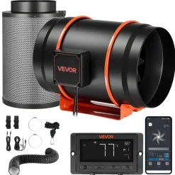 VEVOR Inline Duct Fan Kit Carbon Filter, 807 CFM 8 inch EC Motor Exhaust Ventilation Fan with 10-Speed, PWM Controller, App Control, Timer, Cooling for Grow Tent, Indoor Gardening, Hydroponics