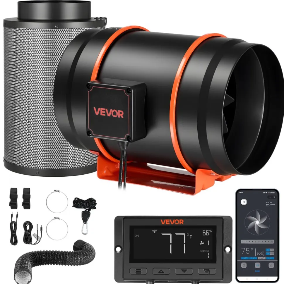 VEVOR Inline Duct Fan Kit Carbon Filter, 807 CFM 8 inch EC Motor Exhaust Ventilation Fan with 10-Speed, PWM Controller, App Control, Timer, Cooling for Grow Tent, Indoor Gardening, Hydroponics