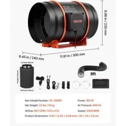 VEVOR Inline Duct Fan Kit Carbon Filter, 807 CFM 8 inch EC Motor Exhaust Ventilation Fan with 10-Speed, PWM Controller, App Control, Timer, Cooling for Grow Tent, Indoor Gardening, Hydroponics