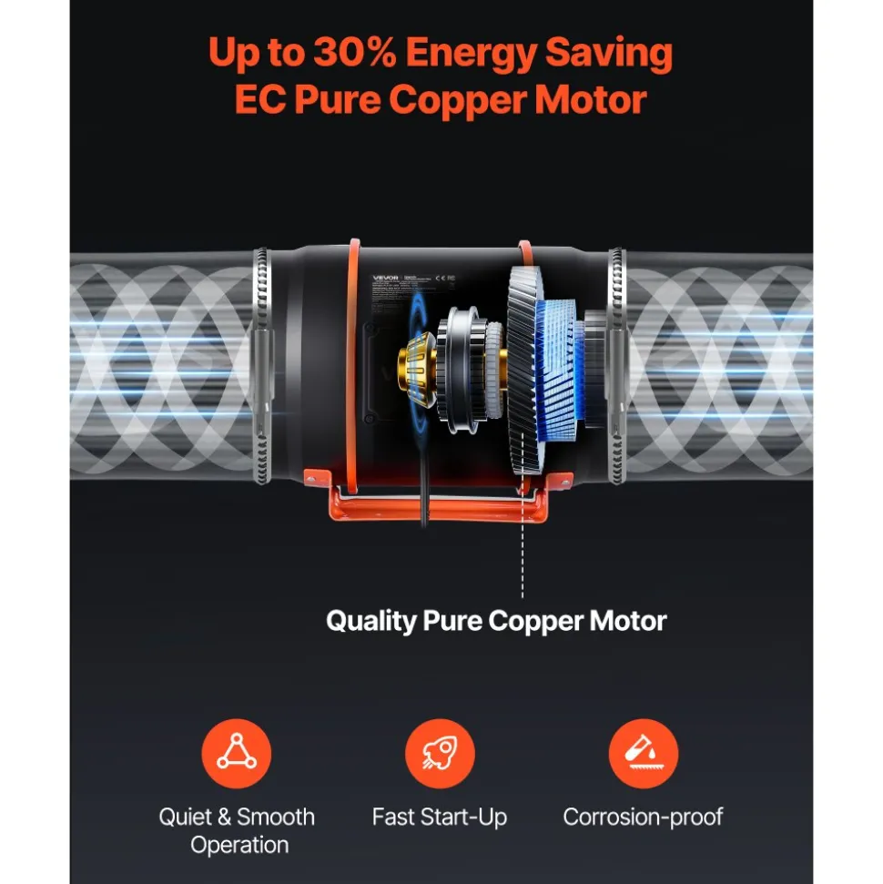 VEVOR Inline Duct Fan Kit Carbon Filter, 807 CFM 8 inch EC Motor Exhaust Ventilation Fan with 10-Speed, PWM Controller, App Control, Timer, Cooling for Grow Tent, Indoor Gardening, Hydroponics