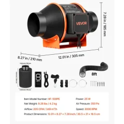 VEVOR Inline Duct Fan Kit with Carbon Filter, 205 CFM 4 inch EC Motor Ventilation Fan with 3-Speed Circulation, 10-Speed PWM Controller, Timer, Cooling for Grow Tents, Indoor Gardening, Hydroponics