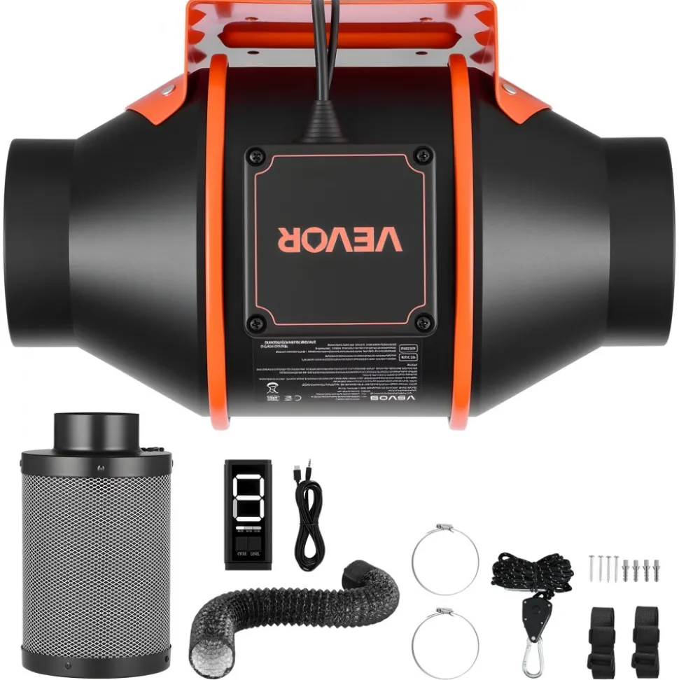 VEVOR Inline Duct Fan Kit with Carbon Filter, 205 CFM 4 inch EC Motor Ventilation Fan with 3-Speed Circulation, 10-Speed PWM Controller, Timer, Cooling for Grow Tents, Indoor Gardening, Hydroponics