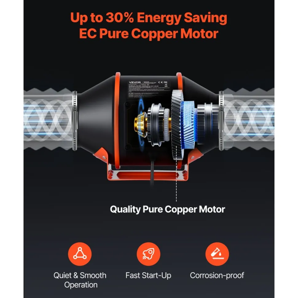 VEVOR Inline Duct Fan Kit with Carbon Filter, 205 CFM 4 inch EC Motor Ventilation Fan with 3-Speed Circulation, 10-Speed PWM Controller, Timer, Cooling for Grow Tents, Indoor Gardening, Hydroponics