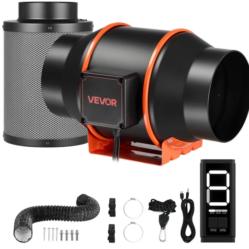 VEVOR Inline Duct Fan Kit with Carbon Filter, 402 CFM 6 inch EC Motor Ventilation Fan with 3-Speed Circulation, 10-Speed PWM Controller, Timer, Cooling for Grow Tents, Indoor Gardening, Hydroponics