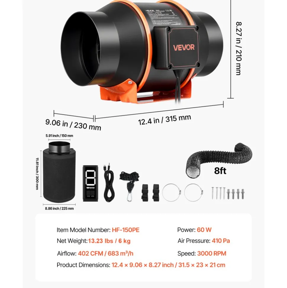VEVOR Inline Duct Fan Kit with Carbon Filter, 402 CFM 6 inch EC Motor Ventilation Fan with 3-Speed Circulation, 10-Speed PWM Controller, Timer, Cooling for Grow Tents, Indoor Gardening, Hydroponics