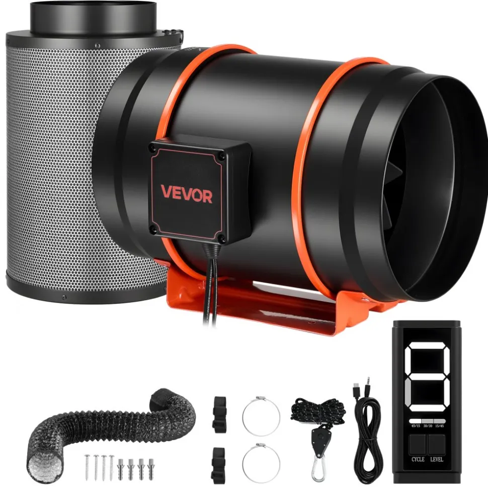 VEVOR Inline Duct Fan Kit with Carbon Filter, 807 CFM 8 inch EC Motor Ventilation Fan with 3-Speed Circulation, 10-Speed PWM Controller, Timer, Cooling for Grow Tents, Indoor Gardening, Hydroponics