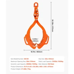 VEVOR 36in Log Lifting Tongs, 4-Claw Log Tongs, Heavy Duty Steel Log Grapple, 3300LBS Lifting Capacity, Swivel Log Graper Timber, Eagle Claw Design, Log Skidding Tongs for Trucks, Tractors, Forklifts
