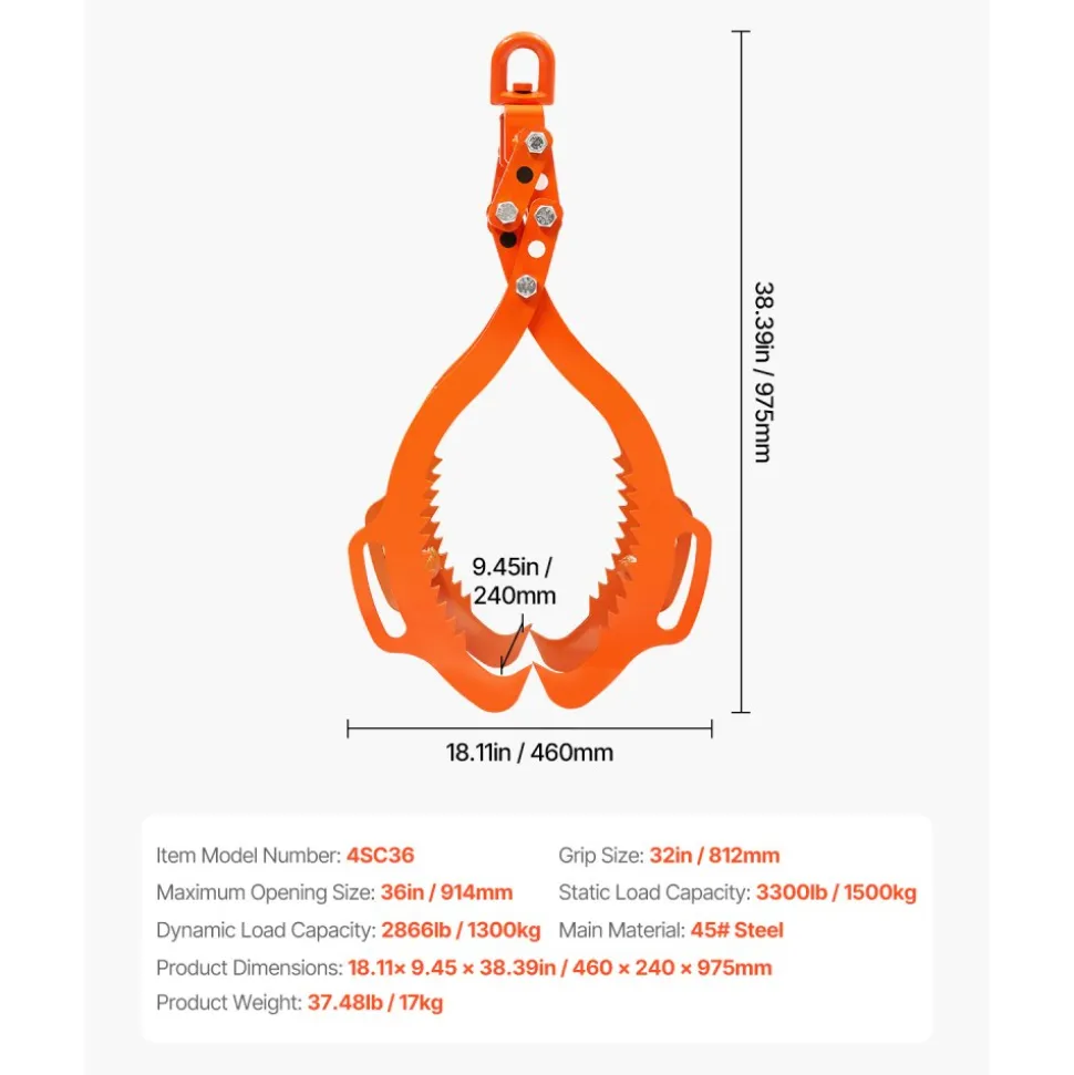 VEVOR 36in Log Lifting Tongs, 4-Claw Log Tongs, Heavy Duty Steel Log Grapple, 3300LBS Lifting Capacity, Swivel Log Graper Timber, Eagle Claw Design, Log Skidding Tongs for Trucks, Tractors, Forklifts
