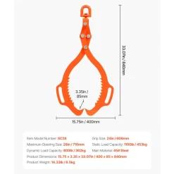 VEVOR 28in Log Lifting Tongs, 2-Claw Log Tongs, Heavy Duty Steel Log Grapple, 1100LBS Lifting Capacity, Swivel Log Graper Timber, Eagle Claw Design, Log Skidding Tongs for Trucks, Tractors, Forklifts